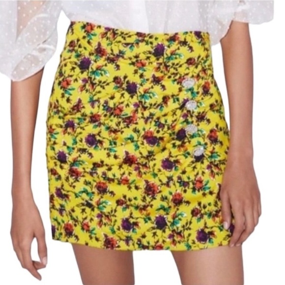 Zara Draped Yellow Floral Print Mini Skirt Jewel Buttons Size Small - Picture 2 of 9